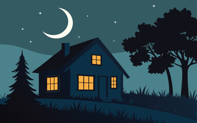 Fototapeta premium Cozy house at night with crescent moon and stars