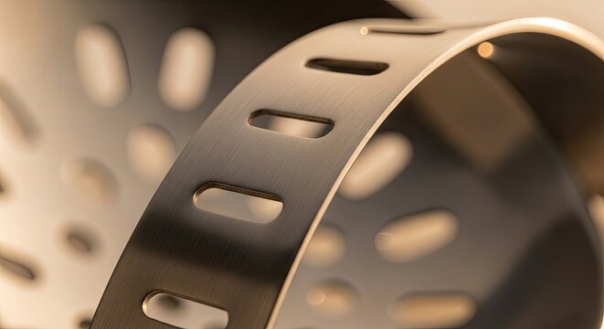 Close-up of a perforated metal strip, curved and reflecting light, creating interesting shapes
