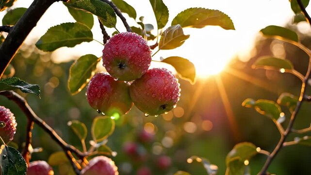 In an orchard, fresh apples hang from the branches, glistening with morning dew under the warm sunlight. The vibrant red of the apples contrasts beautifully with the green leaves.