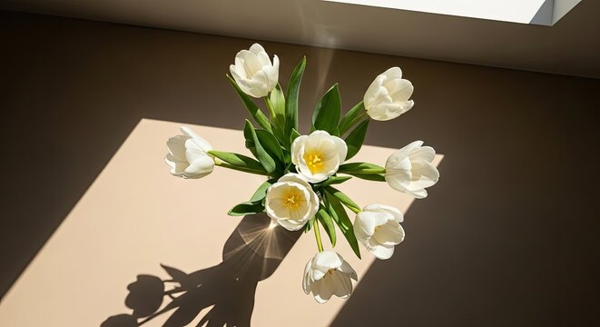 Overhead shot of white tulips in sunlight, casting shadows on a neutral-toned surface