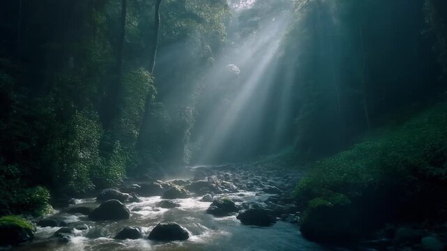 Sunlight filters through the forest canopy, illuminating a serene river flowing over rocks in a lush green environment from a tranquil viewpoint