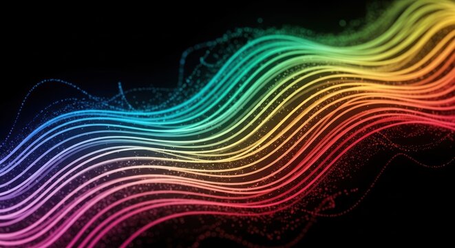 Abstract, vibrant, curved, multicolored lines flow, mimicking a digital wave, against black
