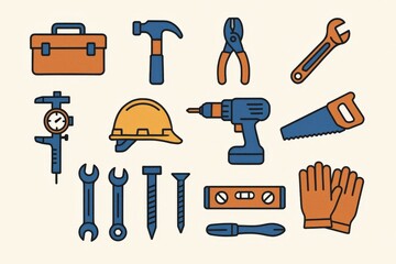 Comprehensive toolkit featuring diverse construction instruments including hammer, wrench, drill, and safety gear emphasizing engineering precision and craftsmanship