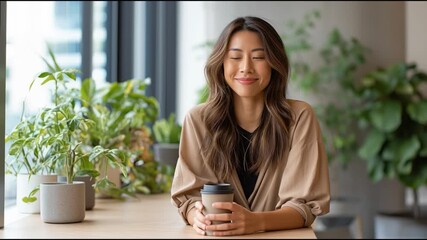 A contemplative woman enjoying coffee in a bright, plant-filled space, embodying relaxation and connection with nature.