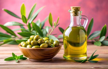 Olive oil in a bottle with a bowl of green olives on a wooden vintage table