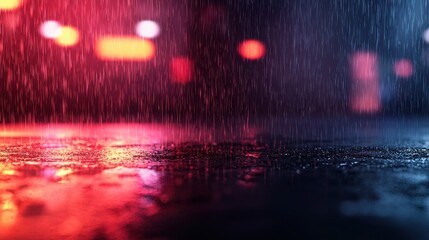 vibrant, rainy night scene with colorful reflections on wet surfaces, creating a moody and atmospheric effect.