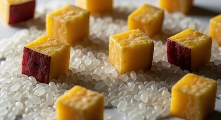 Cubed sweet potatoes with red skin sit atop a bed of white rice grains, well-lit close-up