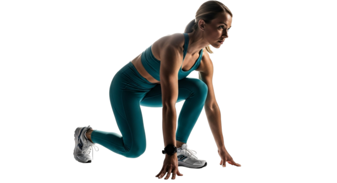 Woman in athletic wear in a starting position for a race or sprint