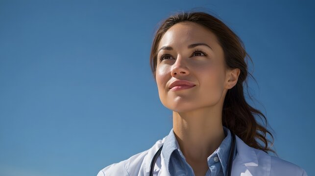 A female healthcare professional in a white coat looks up towards a bright clear blue sky embodying hope and aspi n
