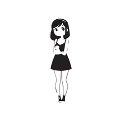 Beautiful Kawaii Girl Black and White Vector Illustration in Cute Simple Line Art Style
