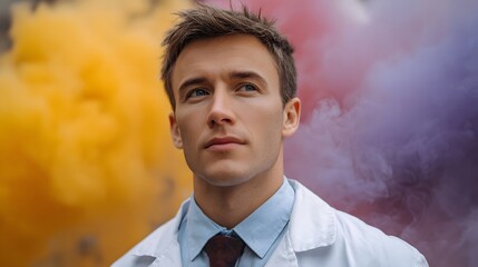A thoughtful man in a white coat gazes upwards against a backdrop of vibrant yellow and purple smoke