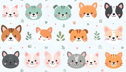 Adorable Cartoon Cat Faces Pattern with Various Colors and Cute Expressions