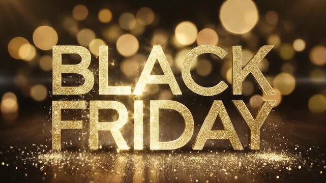 Golden glittery block letters for a major retail event resting on a dark surface with a festive out-of-focus light background