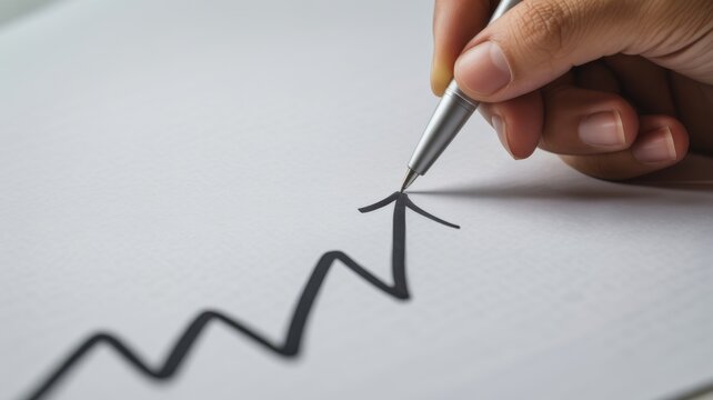 Retirement Readiness - Close-up of a hand drawing a rising financial curve with a pen, depicting concepts of growth and retirement planning in a minimalistic style.