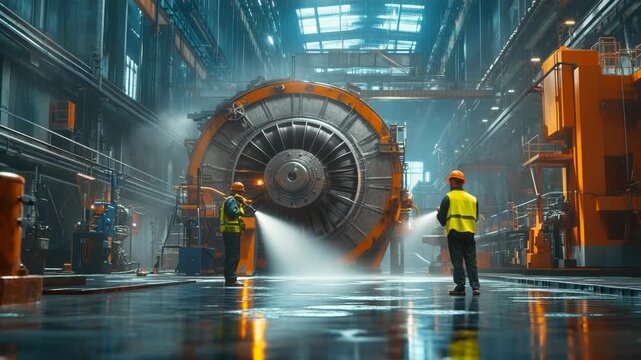 Industrial engineers inspect a giant turbine inside a brightly illuminated factory hall, surrounded by steel structures, reflections, and heavy machinery symbolizing advanced manufacturing technology