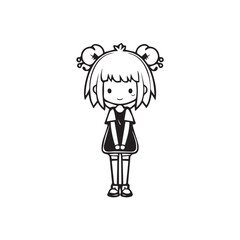Beautiful Kawaii Girl Black and White Vector Illustration in Cute Simple Line Art Style
