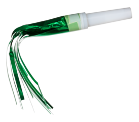 Greem noisemaker with green streamers made from strips of foil