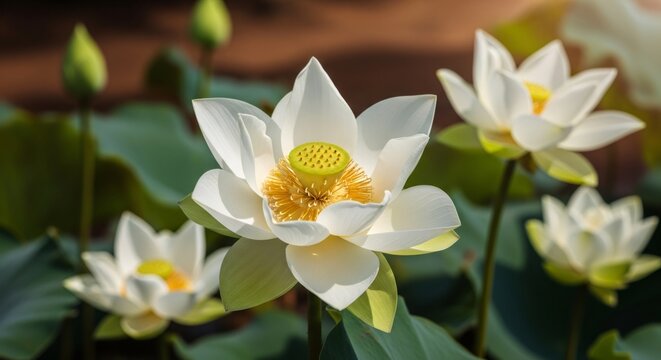 A white lotus flower with seed pod and stamen. Pure beauty and spiritual symbol for peace and tranquility. Summer nature scene.