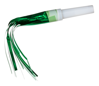 Greem noisemaker with green streamers made from strips of foil
