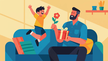 Illustration Of A Father Giving A Gift And Flowers To His Child Vector Design Template