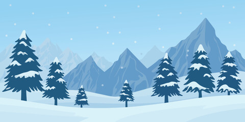 Fototapeta premium Snowy winter mountains with christmas trees, vector illustration, alpine landscape, pine forests, festive holiday scenery