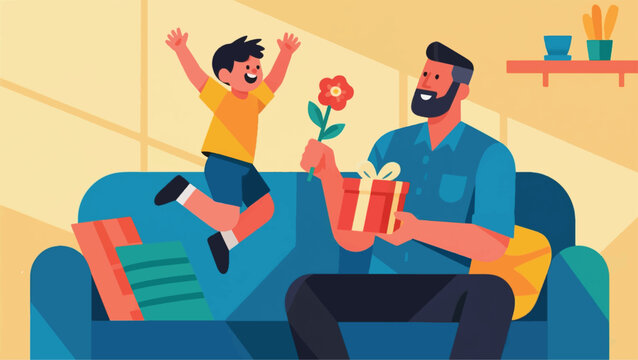 Illustration Of A Father Giving A Gift And Flowers To His Child Vector Design Template