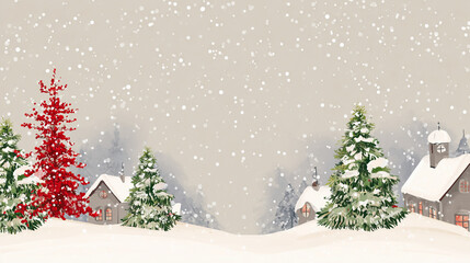 Snowy winter landscape with cozy houses, evergreen trees, and falling snowflakes, creating a peaceful holiday scene ideal for Christmas cards, seasonal banners, and winter themes