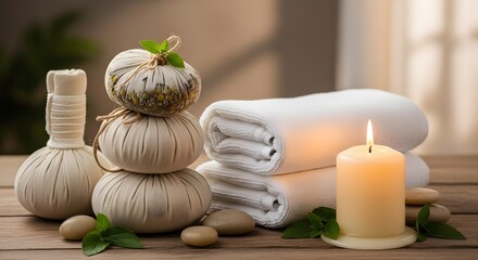 Spa treatment composition with herbal compresses towels and candle