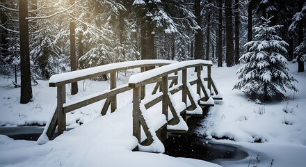 A charming wooden bridge covered in fresh snow nestled within a serene winter forest scene