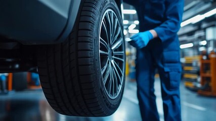 A professional mechanic in blue uniform holds a car wheel with precision inside a modern workshop, symbolizing automotive service, repair expertise, maintenance mechanical engineering in a high tech