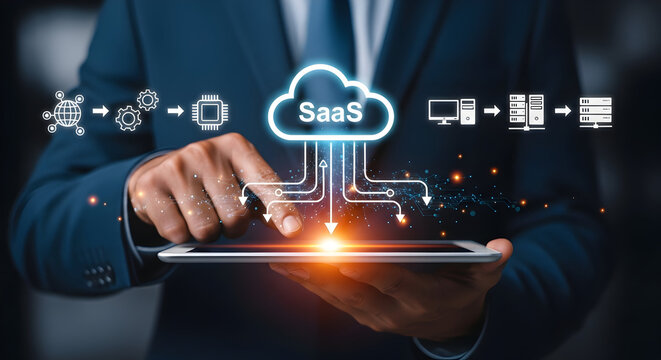 "SaaS Cloud Integration Hologram on Tablet &mdash; Software as a Service Architecture with API Connectors, Cloud Platform Icons and Business App Integration for Enterprise IT"

