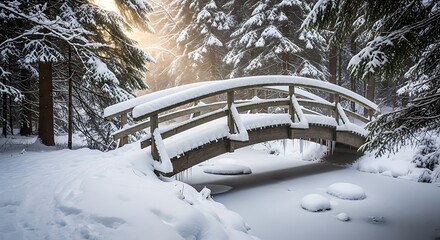 A picturesque snow covered wooden bridge arches gracefully over a frozen stream in a serene winter forest bathed in soft sunlight