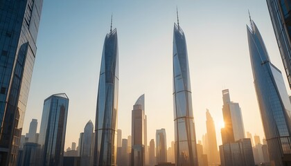 Modern skyline with tall glass skyscrapers reflecting golden sunset light, futuristic city architecture, clear sky with warm tones, photorealistic urban landscape, perfect for business, technology, an
