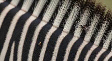 Close-up of a zebra's striped coat and mane, with two flies resting on the fur. The pattern of black and white stripes is distinct
