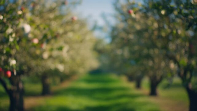 An idyllic sun-drenched apple orchard in bloom, showcasing rows of trees laden with blossoms and emerging fruit under a soft, hazy sky, creating a serene and picturesque natural setting