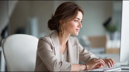 A focused businesswoman working at her desk, portraying professionalism and determination in a modern office environment.