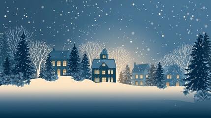 Fototapeta premium Peaceful winter night scene featuring snowy houses, glowing windows, evergreen trees, and falling snow, creating a cozy and magical holiday atmosphere perfect for Christmas designs