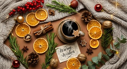 Warm cozy Christmas flat-lay with dried oranges, cinnamon sticks, greenery, ornaments, pinecones, and holiday greeting card on wooden background.
