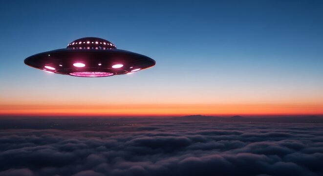 Unidentified flying object with glowing lights hovering above a sunset sky and cloud cover. Alien visitor, science fiction and mystery concept.