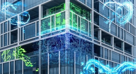 Skyscraper corner with digital overlay of circuit board and swirling neon energy