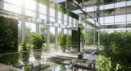 Modern interior with reflective surfaces and lush greenery overlooking a vibrant natural landscape