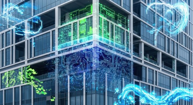 Skyscraper corner with digital overlay of circuit board and swirling neon energy