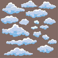 Collection of stylized cartoon clouds in various shapes. Fluffy, blue and white vector elements isolated on a brown background. Simple flat design for sky, weather, or children's illustrations.