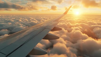 View from airplane window during sunrise with wing over golden clouds, symbolizing freedom, adventure, global travel, merging technology and natural beauty in elegant aviation photography perspective - Powered by Adobe