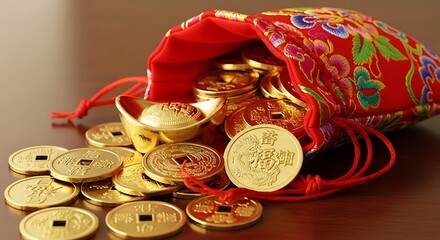 Abundant lucky chinese coins and gold ingots spill out of a festive red silk pouch symbolizing wealth and prosperity