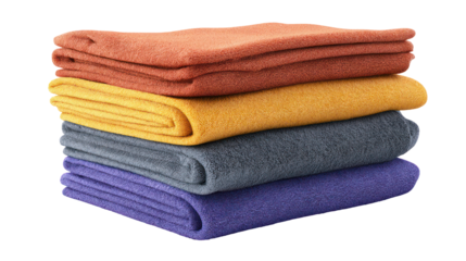 Stack of four colorful folded towels isolated on transparent background