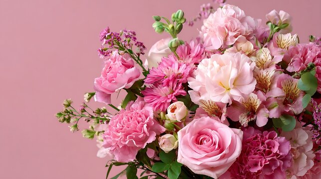 Elegant bouquet of various pink flowers on a solid background