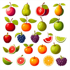 Diverse collection of fruits in an artistic painted style with warm colors. Features red and green apples, pears, grapes, oranges, and slices of lime and grapefruit. Organic