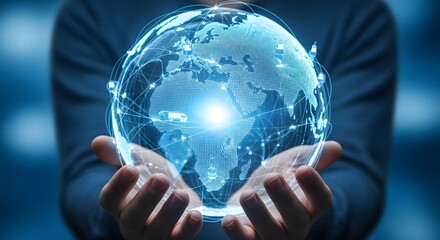 Man holding glowing earth globe in his hands, concept of global business