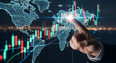 Hand pointing at world map with stock market candlestick chart overlay
